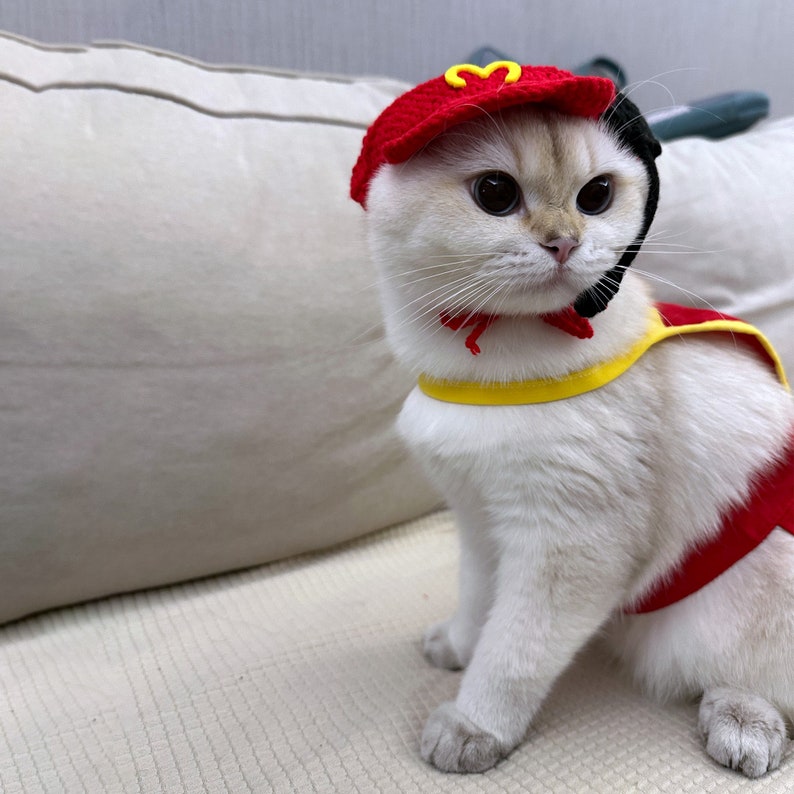 Fast Food Costume for Cats and Dogs, Snackbar Staff Uniform Chef Pet Cosplay Dress Up, Red Apron and Knitted Hat Inspired from McDonalds image 3