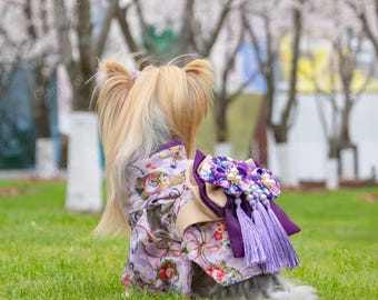 Kimono giapponese per cani, kimono lilla con grande fiocco per cani e gatti, costume yukata per animali domestici, vestito viola per cani, vestiti personalizzati per animali domestici