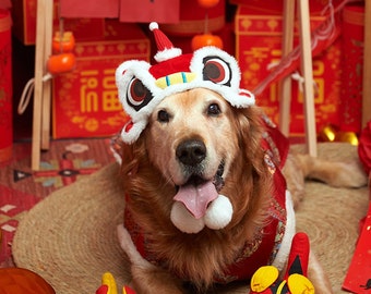 New Year Large Dog Costume Dancing Lion Hat, Chinese Spring Festival Outfit for Big Dogs and Cats, Lunar New Year Fortune Pet Gift