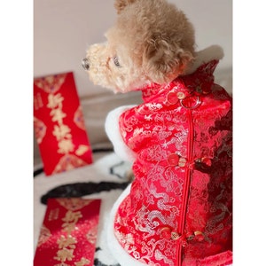 New Year Dog Harness Coat with Purse, Chinese Spring Festival Costume Red Jacket for Puppy Large Dogs and Cats, Custom Pet Winter Clothes image 2