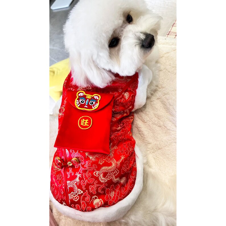 New Year Dog Harness Coat with Purse, Chinese Spring Festival Costume Red Jacket for Puppy Large Dogs and Cats, Custom Pet Winter Clothes image 4