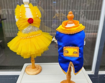 Halloween Dog Costume Inspired from Beauty Beast, Princess Belle Yellow Prom Gown Dress Blue Tuxedo Suit for Cats & Large Dogs, Customizable