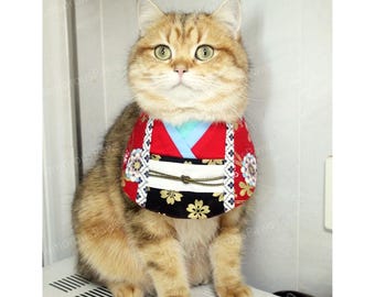 Cat Japanese Kimono Bandana, Cherry Blossom Festival Red Bandana Bib for Cats and Large Dogs, Floral Sakura Fancy Bandana Pets Gifts