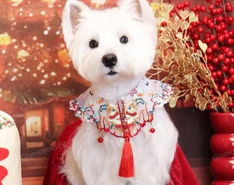 Mantella per collare per cani del Capodanno cinese, bandana rossa festiva con danza del leone e ricami floreali