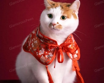 New Year Bandana Bib for Cats and Dogs,Chinese Spring Festival Red Cape for Kitten Cats and Large Dogs,Lunar New Year Red Shawl with Tassels