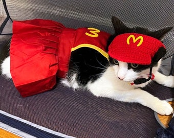 Fast Food Costume for Cats and Dogs, Snackbar Staff Uniform Chef Pet Cosplay Dress Up, Red Apron and Knitted Hat Inspired from McDonalds