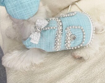 Vestito personalizzabile in tweed azzurro per cani e gatti, cappotto vintage in tweed con cappello per cani, costume da compleanno per cani, abbigliamento autunnale e invernale per animali domestici.
