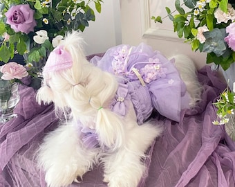 Abito da sposa per cani di dimensioni personalizzabili, abito in tulle con fiori lilla per cani di taglia grande, gatti, costume da principessa per animali domestici, vestito di compleanno, vestiti estivi per animali domestici