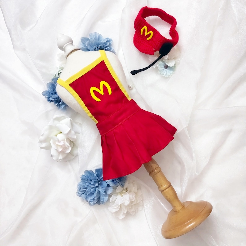 Fast Food Costume for Cats and Dogs, Snackbar Staff Uniform Chef Pet Cosplay Dress Up, Red Apron and Knitted Hat Inspired from McDonalds image 4