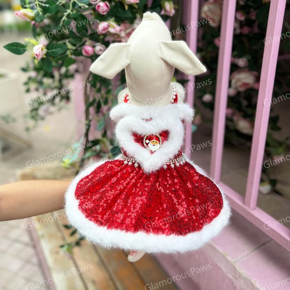 Christmas Pet Costume Santa Dog Dress, Red Sequin Dress with White Fur Trim  for Cats and Dogs, Customizable Xmas Pet Outfit, Christmas Gift