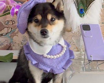 Lilac Tweed Bandana Bib for Dogs and Cats, Embroidered Name Bandana with Beret for Large Dogs Pets, Customizable Bandana Bib Pet Accessory