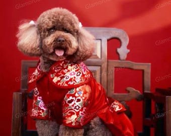 Customizable New Year Dog Outfit Dog Cheongsam, Red Peony Flower Dress for Big Dogs and Cats, Chinese Spring Festival Wedding Pets Clothes