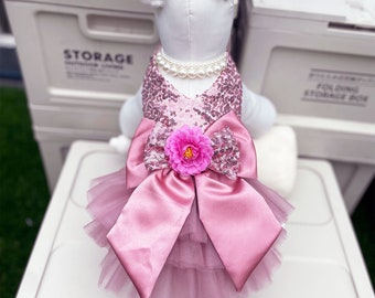 Customizable Pink Sequin Dog Wedding Dress, Pink Tulle Flower Dress for Large Dogs and Cats,Birthday Party Gown Princess Costume Pet Clothes