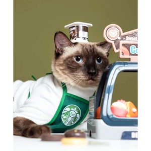 Meowbucks Barista Apron and White T-shirt for Cats and Dogs, Cafe Staff Uniform Pet Costume Halloween Party Outfit, Pet Funny Costume image 5