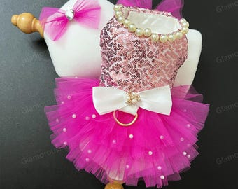 Wedding Sequin Dog Harness Dress Custom Size Color, Birthday Tutu Dress for Large Dogs & Cats, Princess Costume Prom Disco Party Pet Clothes