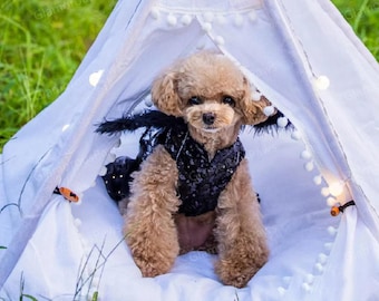 Halloween Angel Costume for Dogs and Cats, Black Sequin Dress with Detachable Wings, Fallen Dark Angel Devil Costume Pet Dress Custom Size