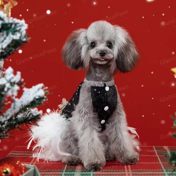 dog sequin dress Customizable Wedding Dog Dress, Sparkly Black Sequin White Feather Tulle  Dress for Cats & Large Dogs, Summer Pets Clothes Birthday Dog Dress