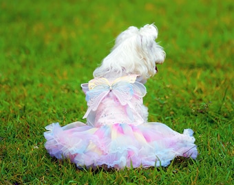 Halloween Butterfly Fairy Costume for Dogs and Cats, Fairy Outfit Tinker Bell Inspired Rainbow Dress & Detachable Wings, Pet Clothes Custom