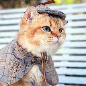 Cat Detective Costume Halloween, Sherlock Holmes Cape & Deerstalker Hat for Cats and Dogs, Pet Detective Outfit Funny Costume Party Dress Up image 3