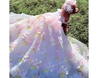 Wedding Dog Dress Pink Long Train Gown, 3D Flower Tulle Dress for