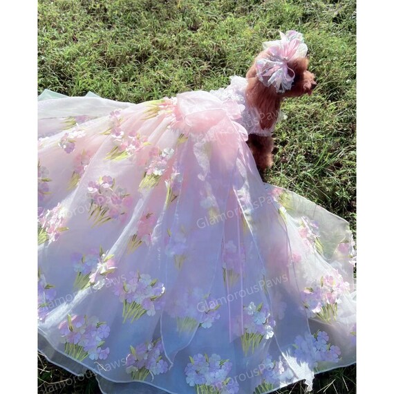 it-dogsスプリングドレスＳ Wedding Dog Dress Pink Long Train Gown, 3D Flower Tulle Dress for