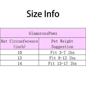 May include: A size chart for pet hats from GlamorousPaws, with hat circumference in inches and suggested pet weight in pounds. The chart includes sizes for 10, 13, and 14-inch hats, with corresponding weight suggestions.