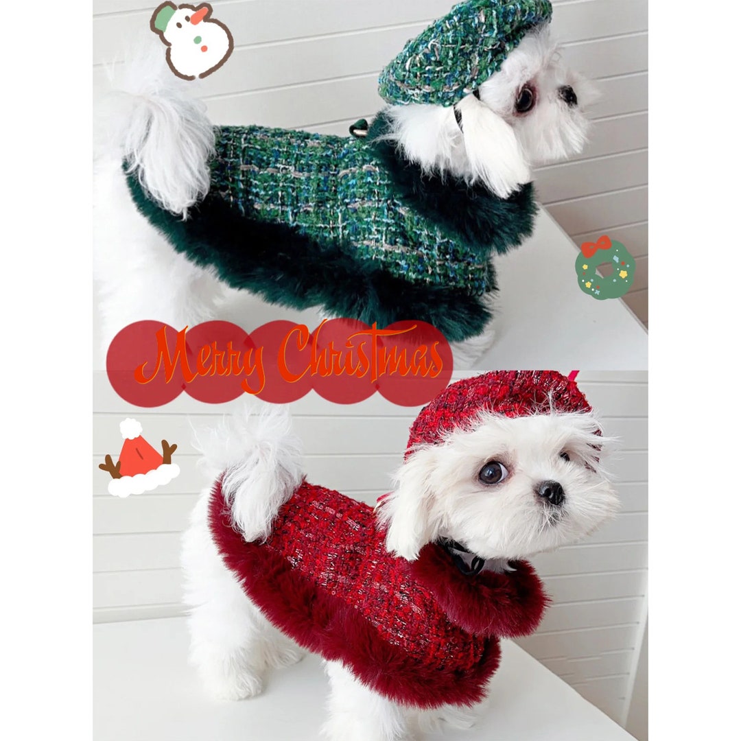 Red Green Tweed Dog Coat With Beret, Christmas Costume Dog Harness