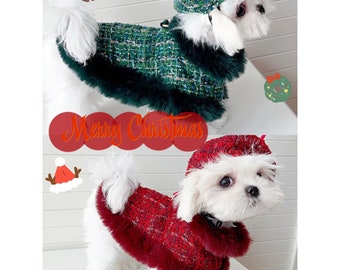 Red Green Tweed Dog Coat with Beret, Christmas Costume Dog Harness Jacket, Xmas Outfit Gift for Large Dogs Cats, Custom Pet Winter Clothes