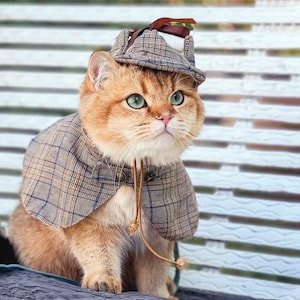 Cat Detective Costume Halloween, Sherlock Holmes Cape & Deerstalker Hat for Cats and Dogs, Pet Detective Outfit Funny Costume Party Dress Up image 2