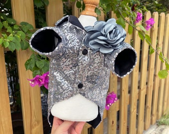 Customizable Size Wedding Dog Costume, Sparkly Silver Tuxedo Coat for Dogs and Cats, Birthday Outfit Party Gown Prince Costume Pet Clothes