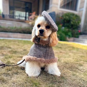 Customizable Dog Detective Costume, Brown Woolen Cloak with Beret for Large Dogs Cats, Puppy Prince Costume Birthday Outfit Pet Clothes