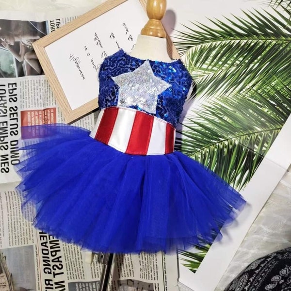 Captain Ms America Superhero Dog Costume Halloween Party Dress Pet Gown Blue Tutu Dress for Cats Dogs, Pet Clothes Custom Size