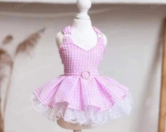 Vestido de tutú de cuadros vichy rosa personalizable para perros y gatos, disfraz de princesa para Halloween, vestido de boda para mascotas, vestido de fiesta de cumpleaños, ropa para mascotas.