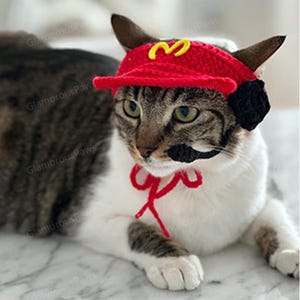Fast Food Costume for Cats and Dogs Halloween Party, Snackbar Staff Uniform Chef Hat Pets Cosplay Outfit, Red Knitted Hat for Cats and Dogs