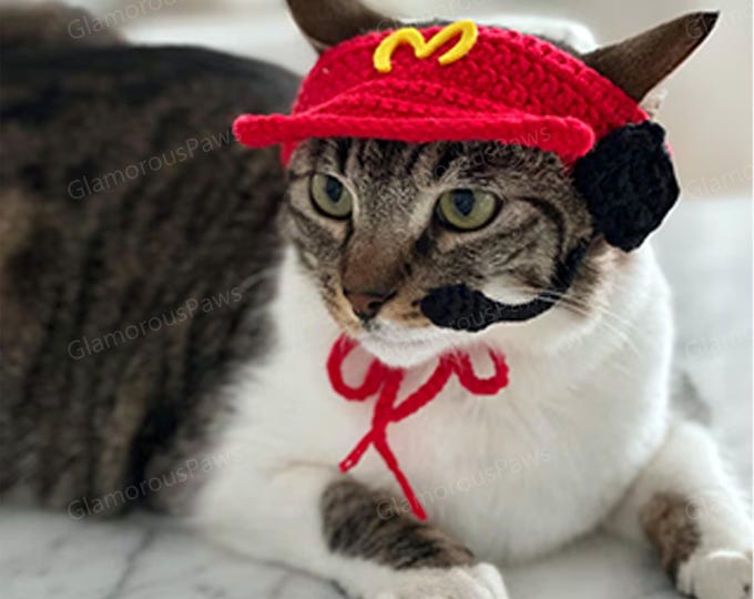 Fast Food Costume for Cats and Dogs Halloween Party, Snackbar Staff Uniform Chef Hat Pets Cosplay Outfit, Red Knitted Hat for Cats and Dogs