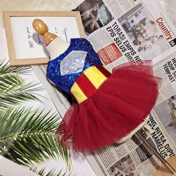 Disfraz de perro superhéroe, vestido de fiesta de Halloween, vestido para mascota, vestido de tutú rojo azul, ropa para mascotas, tamaño personalizado