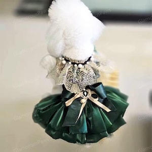 カスタマイズ可能な夏用犬用ドレス、キラキラ輝くダークグリーンのチュチュドレス（犬・猫用）、子犬の結婚式・誕生日用衣装、プリンセスコスチューム、ペット服