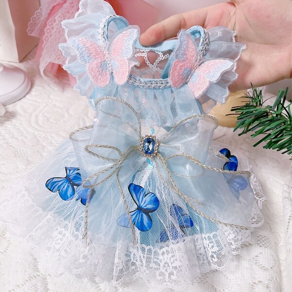 Dog Wedding Dress, Summer Dog Dress, Blue Butterfly Tutu Dress for Dogs Cats, Large Dog Princess Costume Birthday Outfit, Custom Pet Clothes