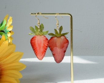 Handmade Real Pressed Strawberry Earrings, Dried Strawberry Resin Earring, 14K Gold Natural Fruit Jewelry Dangle Drop Earring, Birthday Gift