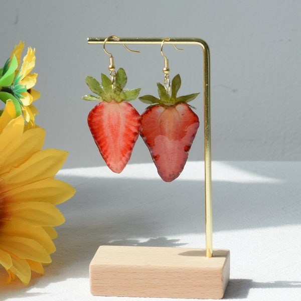 Handmade Real Pressed Strawberry Earrings, Dried Strawberry Resin Earring, 14K Gold Natural Fruit Jewelry Dangle Drop Earring, Birthday Gift