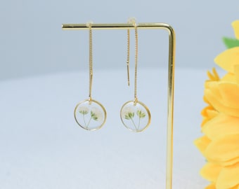 14K Gold Real Pressed Flower Earrings, Dried Gypsophila Resin Earrings, Pressed Baby's Breath Dangle Drop Earrings, Birthday Gifts for Her