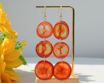 Handmade Real Pressed Cherry Tomato Earrings, Dried Tomato Resin Earrings, Natural Fruit Jewelry Dangle Drop Earrings, Birthday Gift for Her