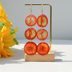 Handmade Real Pressed Cherry Tomato Earrings, Dried Tomato Resin Earrings, Natural Fruit Jewelry Dangle Drop Earrings, Birthday Gift for Her