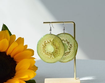 Handmade Kiwi Pressed Fruit Earrings, 14K Gold Dried Resin Earrings, Real Fruit Earrings, Silver Dangle Drop Earrings, Birthday Gift for Her