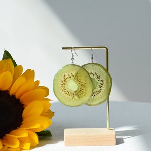Handmade Kiwi Pressed Fruit Earrings, 14K Gold Dried Resin Earrings, Real Fruit Earrings, Silver Dangle Drop Earrings, Birthday Gift for Her