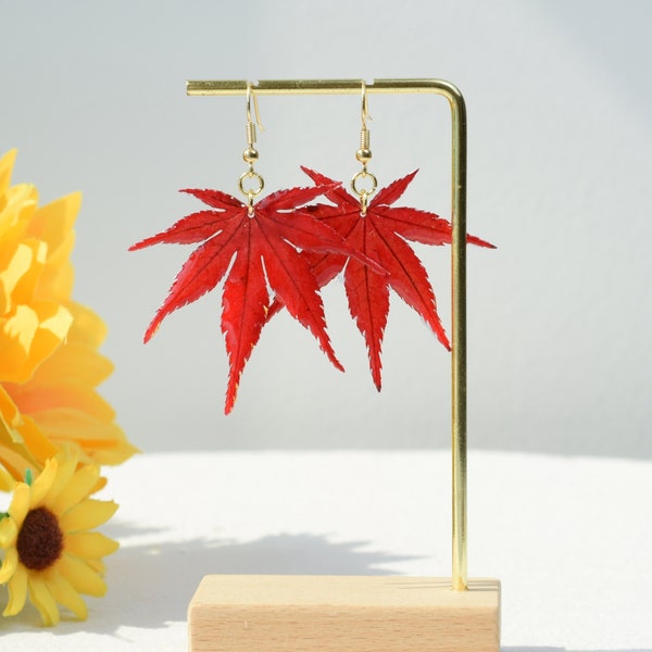 Handmade Pressed Red Maple Leaves Earrings, Gold Dried Red Maple Leaf Resin Earring, Silver Real Maple Leaves Earring, Birthday Gift for Her