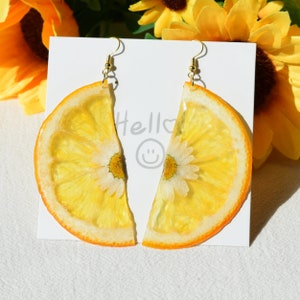 Handmade Orange Real Pressed Fruit Earrings, Dried Daisy Resin Earrings, Real Fruit Earrings, Dangle Drop Earrings, Birthday Gifts for Women