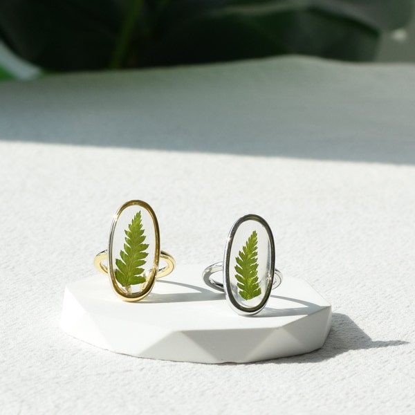 Fern Leaf Resin Leaves Ring, Adjustable Dainty Silver Leaves Ring, Botanical Handmade Gold Ring, Resin Keepsake Jewellery, Anniversary Gifts