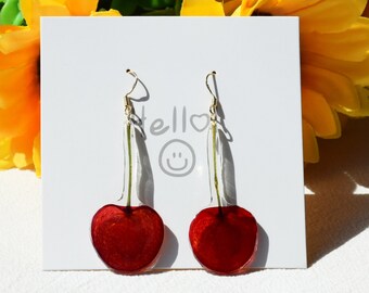 Handgemaakte rode kersen echte geperste fruit oorbellen, 14K gouden gedroogde fruit hars oorbellen, echt fruit Dangle Drop Oorbellen, verjaardagscadeau voor haar