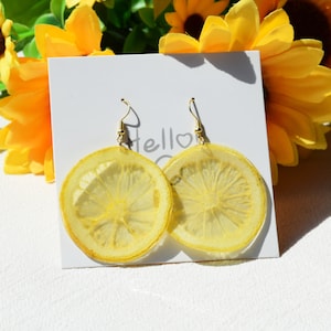 Handmade Lemon Slice Real Pressed Fruit Earrings, Dried Resin Earrings, Real Fruit Earrings, 14K Gold Dangle Drop Earrings, Gift for Her